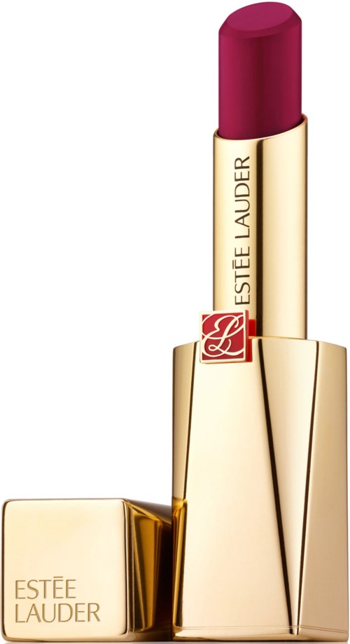 En läppstift med guld- och röd skalor, visar en djupröd färg. Orden 'Estée Lauder' syns.