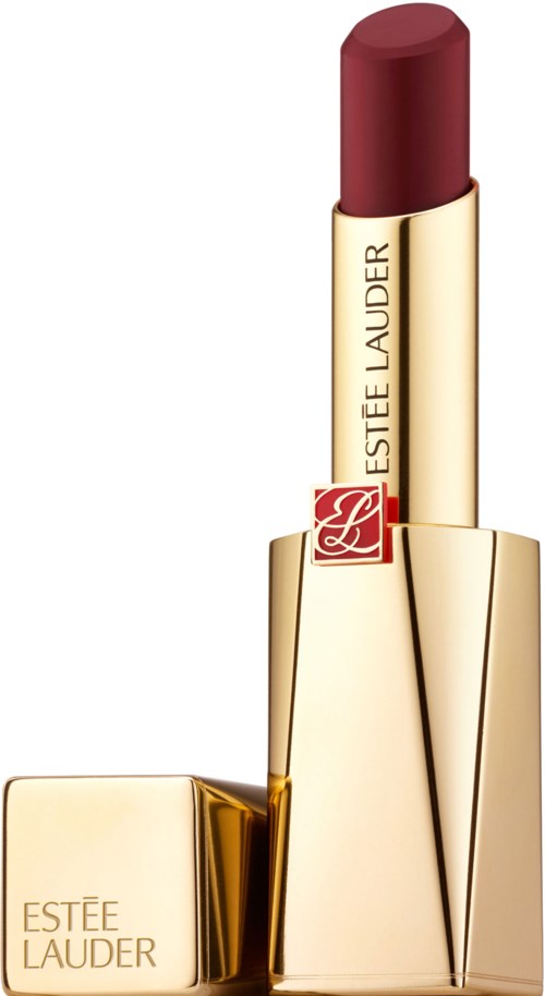Guld- och röd läppstift med Estée Lauder-märke, står upprätt och lutar.
