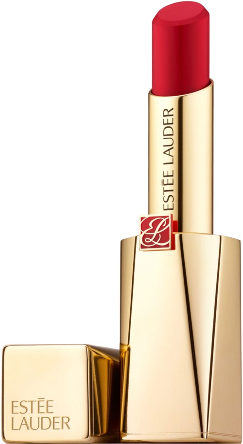 Ett röd läppstift i ett glänsande guldhus med märket Estee Lauder på sidan.