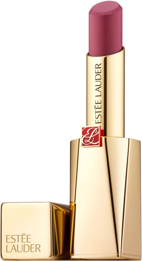 En läppstift i guldförpackning med rosa nyans, står upprätt med Estée Lauder-logotypen.