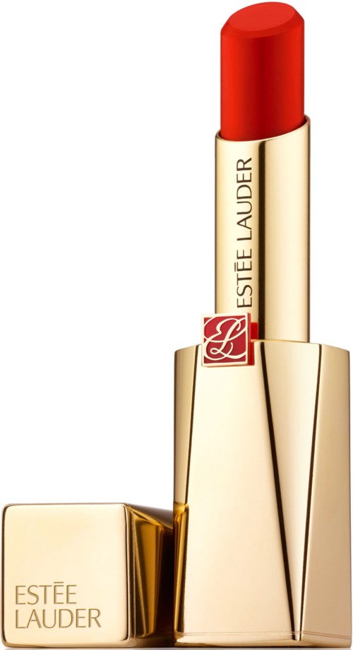 En guld läppstift med röd färg, visar Estée Lauder-loggan på fodralet och läppstiftet.