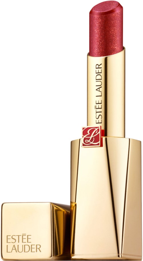 Ett läppstift med guldskal, rött läppstift och Estee Lauder-märke.