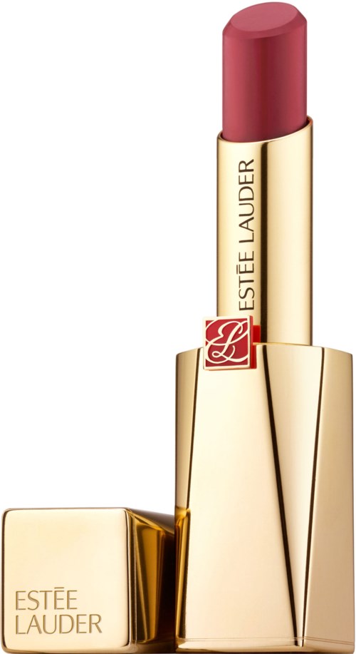 Ett läppstift med ett guld- och beige fodral, från Estée Lauder, står upprätt.