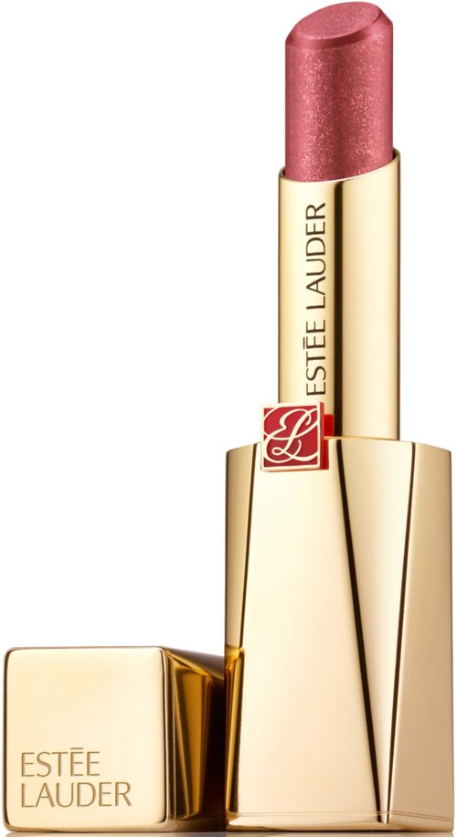 Ett rosa-läppstift i ett gult skalförpackning med Estee Lauder-loggan. Läppstiftet är uppvridet.