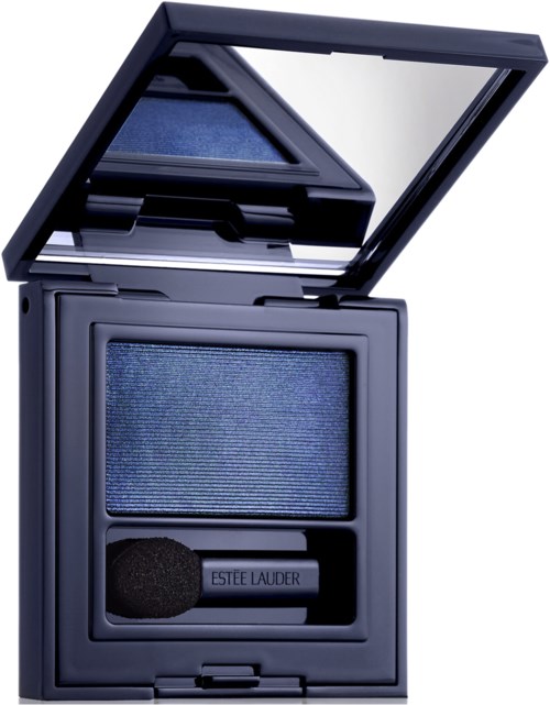 A blue eyeshadow palette with a mirror and a sponge applicator inside.