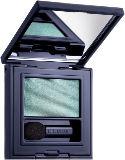 An eyeshadow compact with a mirror, green eyeshadow, and a small applicator. The brand Estée Lauder is visible.