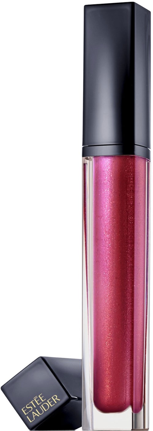 Ett rosa-glittrande läppglans i ett tydligt rör med svart lock, och Estée Lauder-logga på locket.