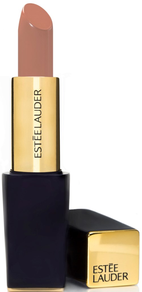 Ein Lippenstift in schwarzem und goldenem Etui, mit der Marke Estée Lauder. Der Lippenstift ist in Nude-Farbe.