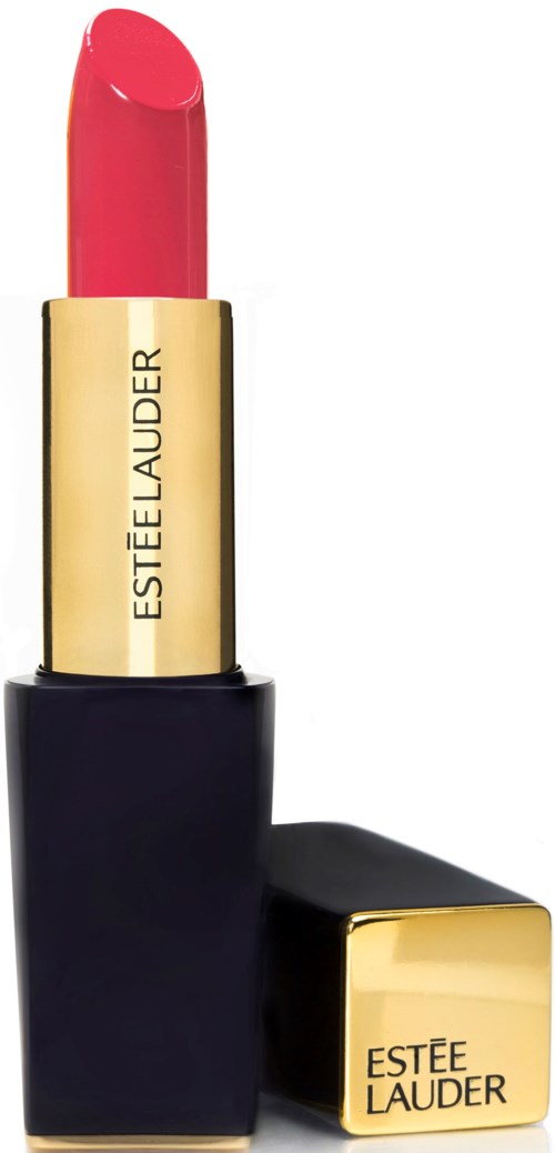 Ein rosa Lippenstift in schwarzem und goldfarbenem Gehäuse, mit dem Markennamen Estée Lauder auf Tube und Deckel.