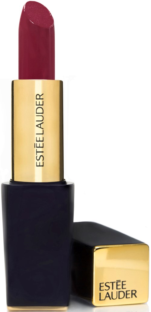 Ein dunkler Lippenstift in goldener und schwarzer Hülse mit dem Markennamen Estée Lauder. Der Deckel ist abgenommen, zeigt den Lippenstift.