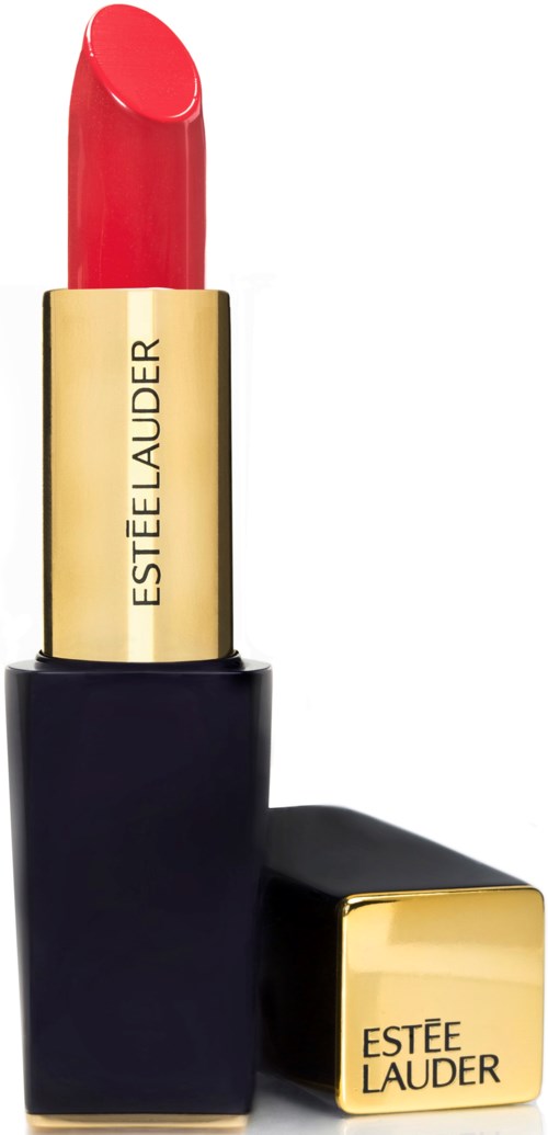 A red lipstick in a black and gold case, with the cap off showing the lipstick.