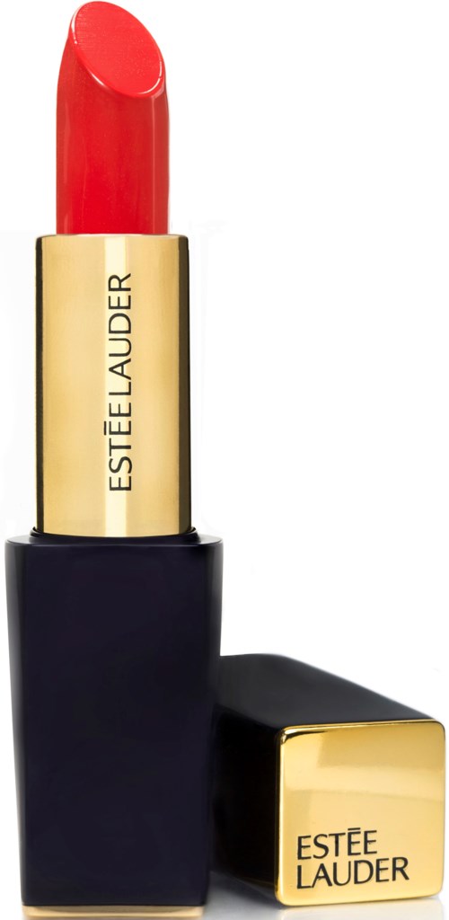 Ein roter Lippenstift in einem goldenen und schwarzen Gehäuse, mit Cap, das die Marke Estée Lauder zeigt.