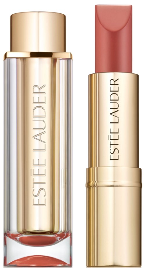 Ett guld- och silverfärgat läppstiftshölje bredvid ett rosa läppstift. Båda har Estee Lauder-märket.