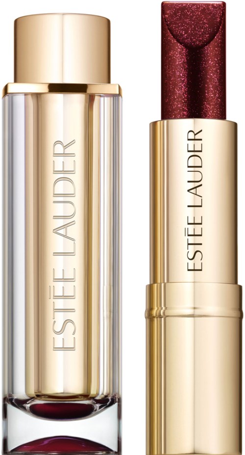 En gyllene och genomskinlig läppstiftstift med rött läppstift, märkt Estée Lauder.