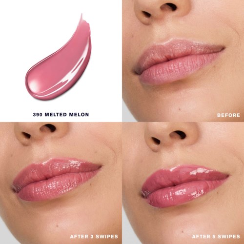 Lipgloss wordt aangebracht, van mat naar glanzend, drie slagen maken de lippen glanzender.