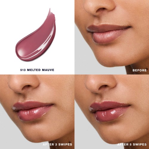 Kolor szminki o nazwie Melting Mauve pokazuje zmianę z naturalnych ust na błyszczące mauve po nałożeniu. Trzy pociągnięcia zwiększają intensywność koloru.