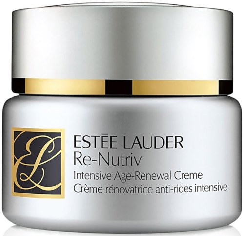 Valkoinen purkki, jossa on kultainen ja musta logo, nimeltä 'Estée Lauder Re-Nutriv Intensive Age-Renewal Creme.'