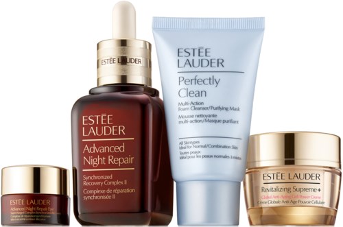 Hudvårdsprodukter för nattreparation, rengöring och anti-aging i guld-, röd- och blå behållare.