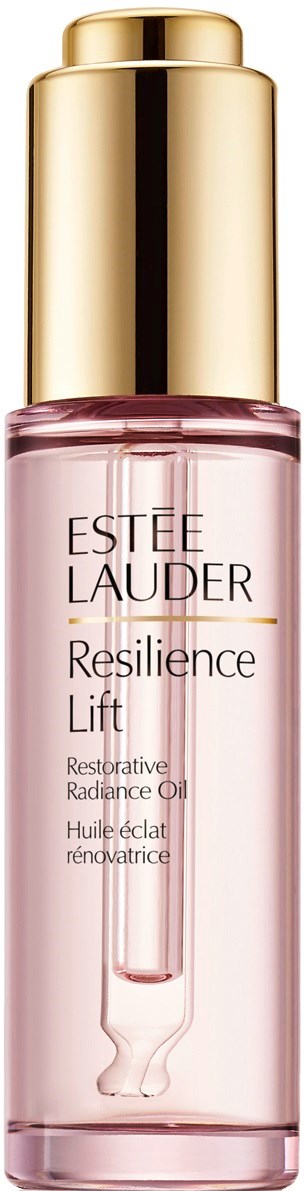 En rosa og gull flaske med Estee Lauder Resilience Lift olje med pipette.