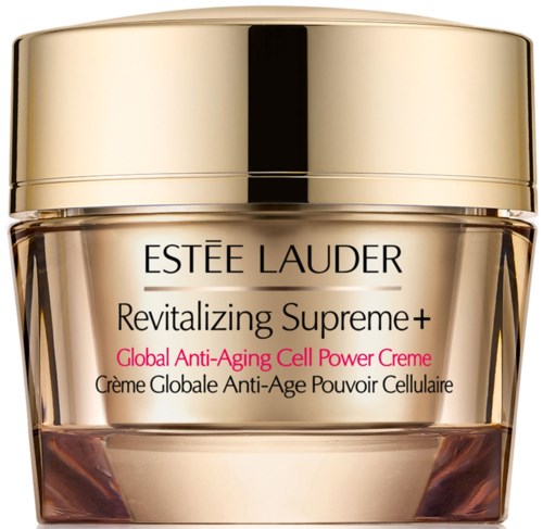 Eine goldene Dose mit Estée Lauder Revitalizing Supreme+ Anti-Aging-Hautcreme. Beschriftung in Schwarz und Pink.