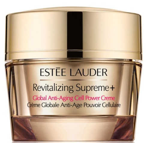 Ett guldfärgat glas av Estee Lauder Revitalizing Supreme+ kräm med svart och rosa text på etiketten.