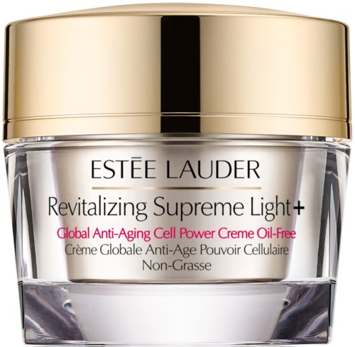 Ett burk från Estee Lauder Revitalizing Supreme Light Plus kräm med guldlock, genomskinlig och silvrig behållare.