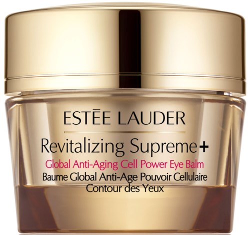 A jar of Estee Lauder Revitalizing Supreme+ eye balm, gold cap, cream inside, labeled for anti-aging and eye contour.