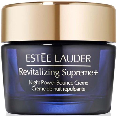 Czarna słoik z złotą nakrętką, oznaczony jako Estée Lauder Revitalizing Supreme+ krem nocny.