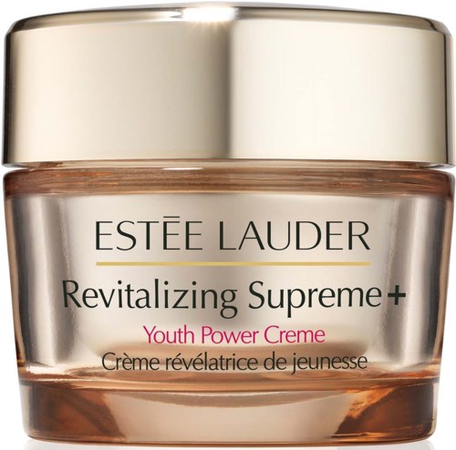 Słoik kremu Estée Lauder Revitalizing Supreme+ Youth Power Creme z złotą nakrętką i różowym napisem.