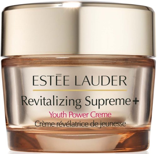 Słoik Estée Lauder Revitalizing Supreme+ Youth Power Creme z złotą pokrywką i przezroczystym pojemnikiem.