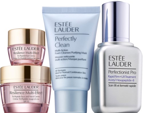 Tre Estée Lauder hudvårdsprodukter: en rosa kräm, en blå skummrengöring och en tydlig flaska med silverlock.