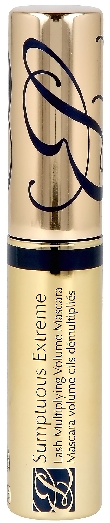 A gold and black tube of mascara with elegant script and logo, labeled "Sumptuous Extreme" for voluminous lashes.