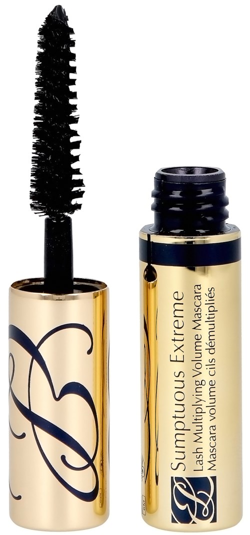 A gold mascara tube with a black brush inside, labeled "Sumptuous Extreme" for thickening and lengthening lashes.