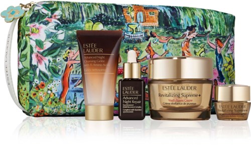 Beauty products including cream, serum, and a pouch with a colorful, nature-inspired design.