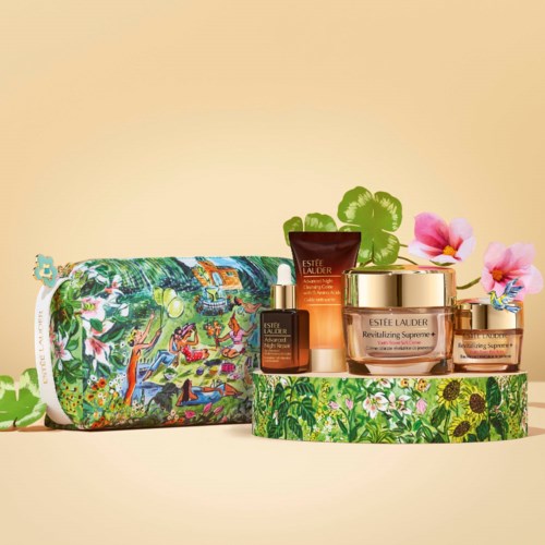 Estée Lauder skincare products with floral and garden-themed packaging, set against a soft yellow background.