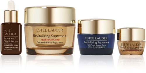 Zestaw produktów do pielęgnacji skóry Estée Lauder, obejmujący nocną terapię, krem młodości i kremy revitalizujące Supreme+.
