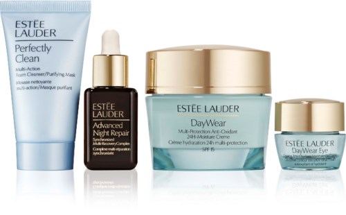 En samling av Estée Lauder skönhetsprodukter, inklusive rengöringsmedel, serum, fuktkräm och ögonkräm i elegant förpackning.