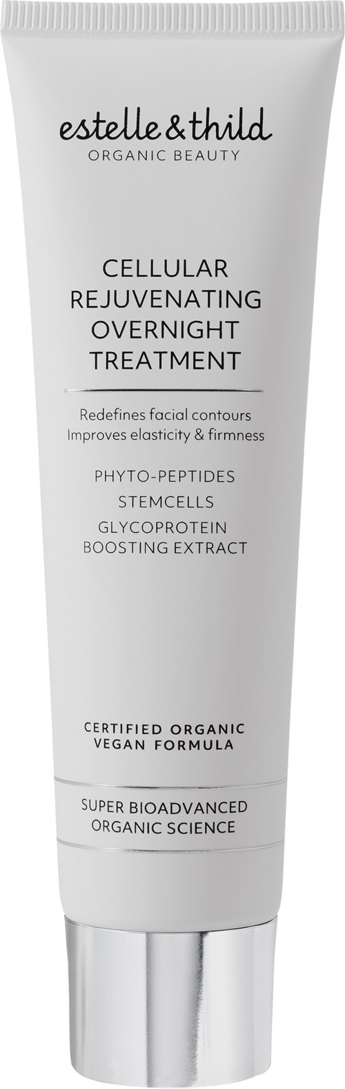 En hvid tube med hudplejeprodukt med sort tekst, mærket 'Cellular Rejuvenating Overnight Treatment' af estelle & thild.