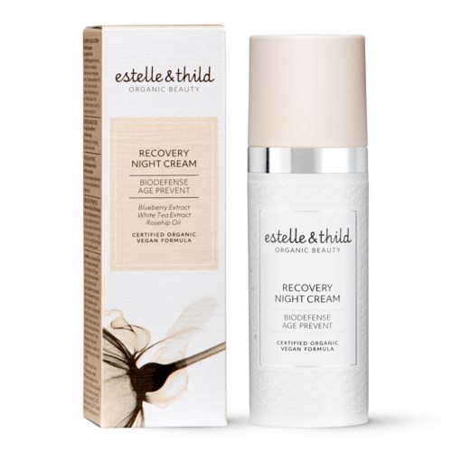 En vit flaska och förpackning som innehåller Estelle & Thild Recovery Night Cream med naturliga ingredienser.