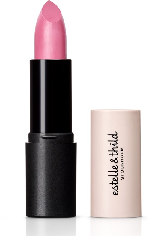 Ett rosa läppstift i ett svart hölje med ett ljust rosa lock, står upp.