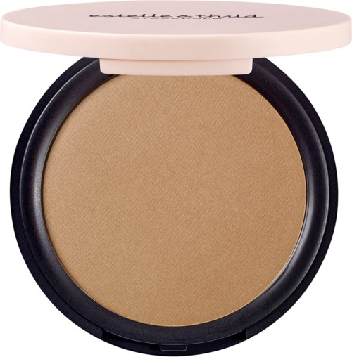 En kompaktpuder med beige puder och ett vitt lock med lila text på.