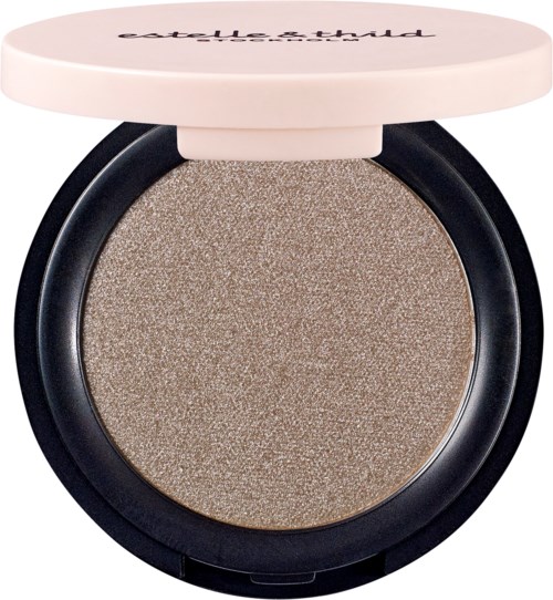 En sminkask med beige lock och mörkt fall, innehållande skimrande beige ögonskugga.