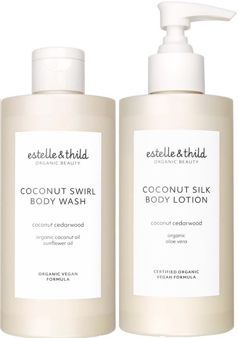 Två vita flaskor med kokosdofter för kroppsvård, en för tvätt och en för lotion, med enkla etiketter.