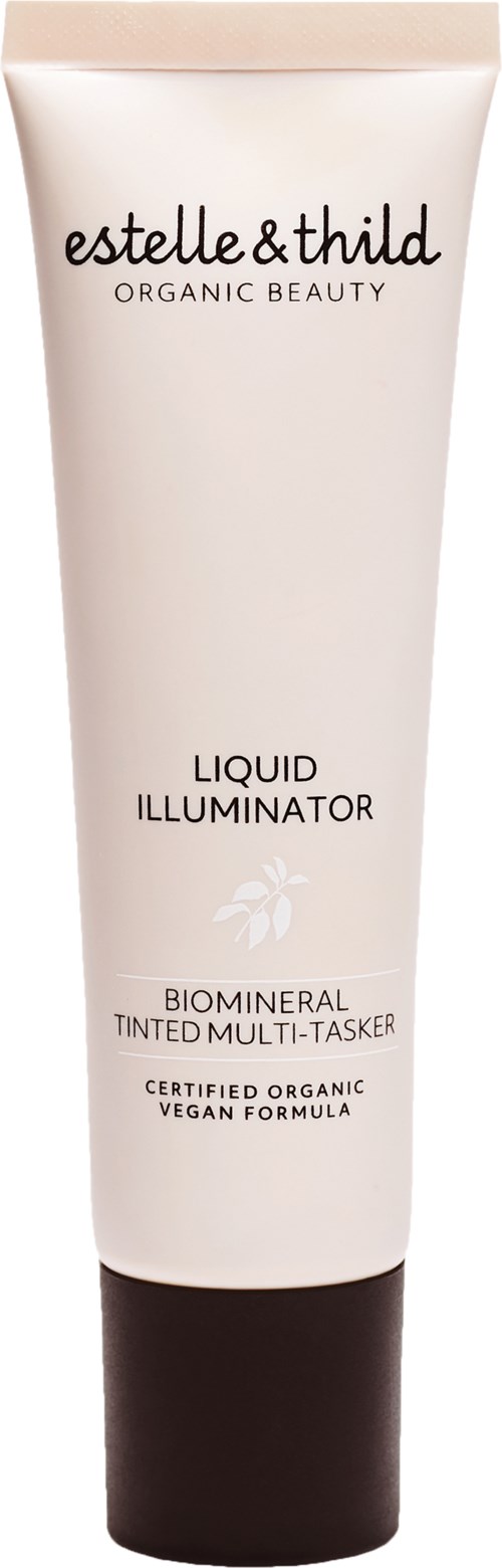Biała tubka z czarną nakrętką, oznakowana Estelle & Thild Organic Beauty Liquid Illuminator, wegański, organiczny, wielofunkcyjny.