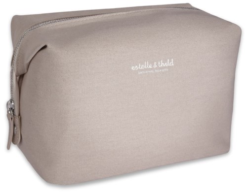 En beige stoffpose med glidelås, liten størrelse, merket 'estelle thild' i hvit tekst.