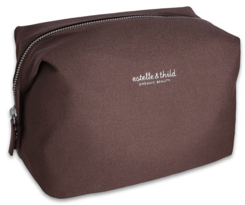 En brun stoffveske med glidelås, merket 'estelle & thild ORGANIC BEAUTY', kompakt og enkel i design.