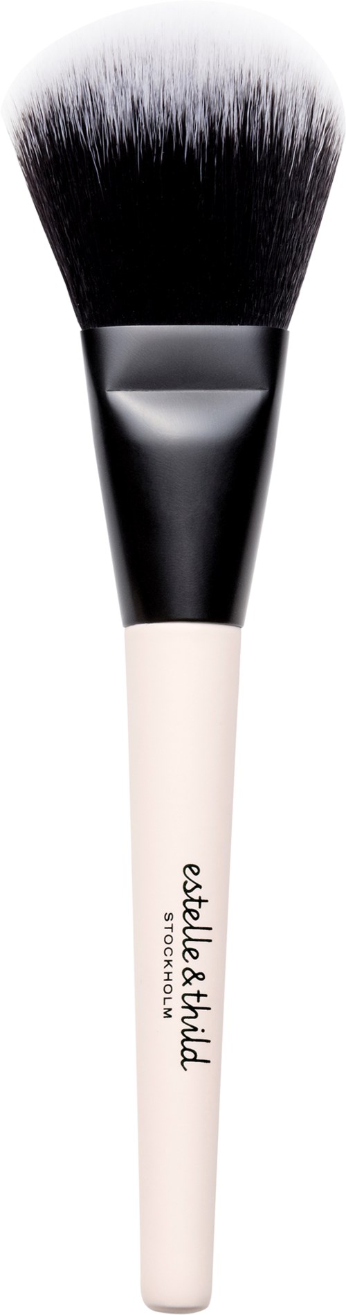 A makeup brush with a white handle and black bristles, labeled "etuelle & tid".