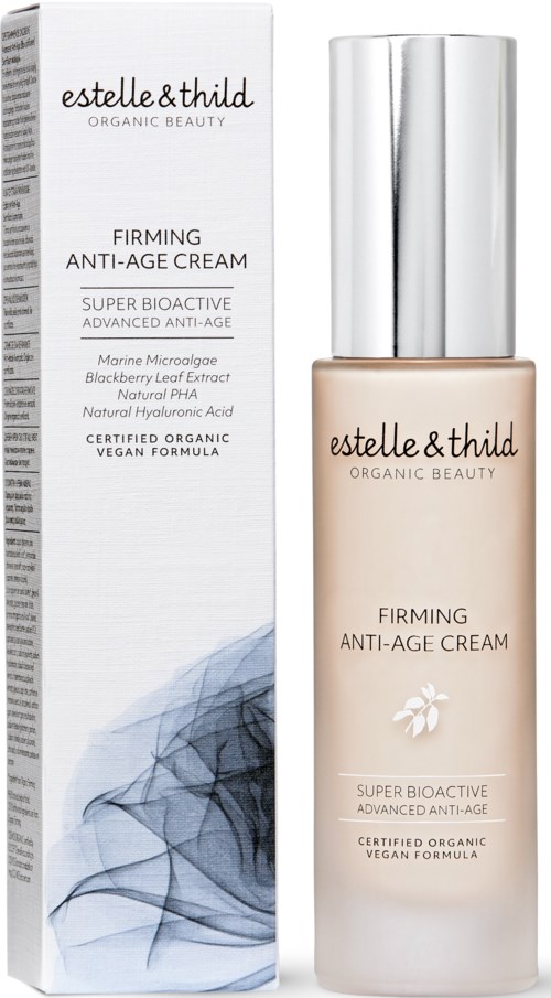 En flaska av Estelle & Thild anti-aging kräm med förpackning som visar ingredienser och branding.