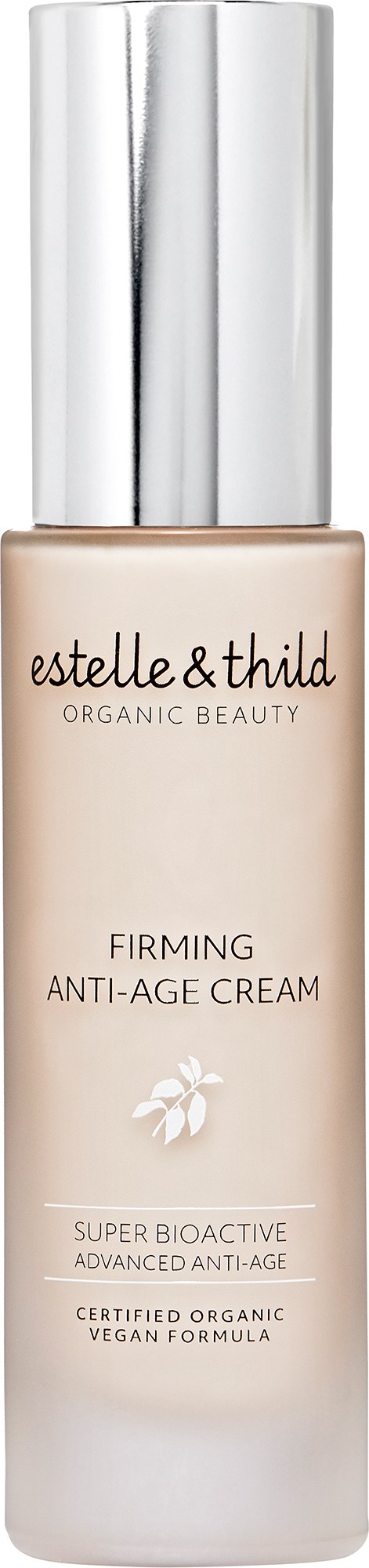 En flaske med Estelle & Thild fastende anti-aldringskrem med sølvpumpe og enkel design.