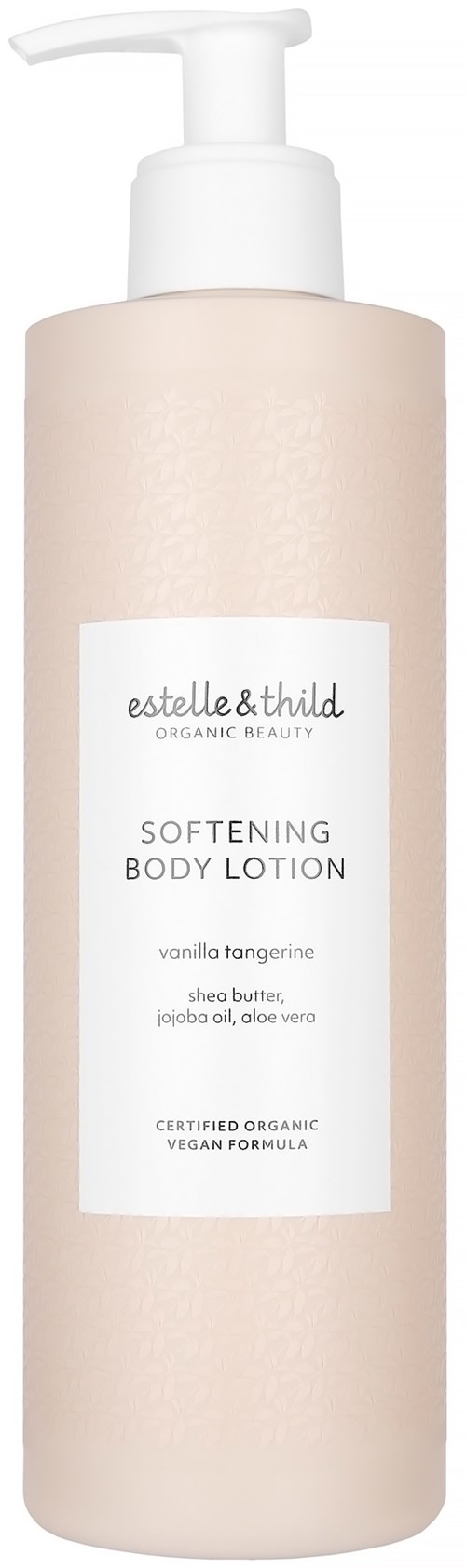 En lång beige flaska med vit pump, märkt som mjukgörande kroppslotion med doft av vanilj-tangerin.